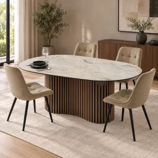 Set Masa Dining OSCAR, 200x100x76 cm, MDF Nuc/Mola + 4 Scaune Caprice Beige