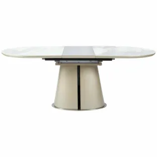 Set Masa Extensibila Bern 160-200x90x76 h cm, Blat Ceramic + MDF, Alb Marmura/Beige + 4 Scaune Seul Boucle Beige
