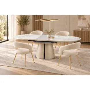 Set Masa Extensibila Bern 160-200x90x76 h cm, Blat Ceramic + MDF, Alb Marmura/Beige + 4 Scaune Seul Boucle Beige