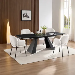 Set Masa Extensibila Donna, 160-200-240x90x75 cm, Piatra Sinterizata, Negru/Gri Inchis + 4 Scaune Cortina Crem