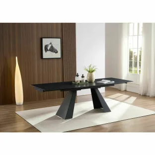 Set Masa Extensibila Donna, 160-200-240x90x75 cm, Piatra Sinterizata, Negru/Gri Inchis + 4 Scaune Cortina Crem