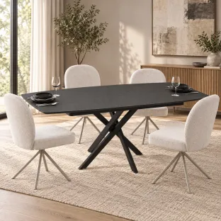 Set Masa Extensibila Filis, 145-185x90x75 cm, Metal/MDF, Negru/Gri Piatra + 4 Scaune Noris Albe