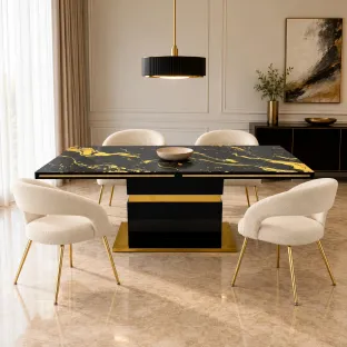 Set Masa Extensibila Gliss, 160-200x90x75 cm, MDF/Sticla, Negru/Negru-Auriu + 4 Scaune Seul Boucle