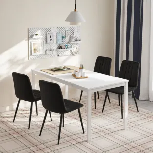 Set Masa Extensibila Honik, 120-180x74x75 h cm, Metal/Pal Melaminat Alb + 4 Scaune Isma Catifea Neagra