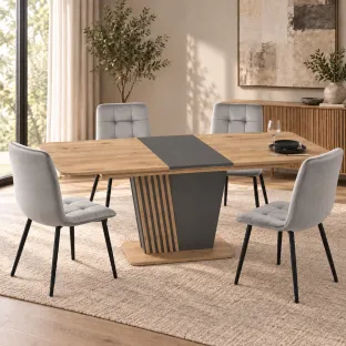Set Masa Extensibila Luna, 120-160x75x75 cm, Pal Melaminat, Antracit/Stejar Rivoli + 4 Scaune Madison Gri