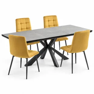 Set Masa Extensibila Magnum, 160-200x90x75 cm, Metal/MDF/Piatra Sinterizata, Negru/Gri + 4 Scaune Madison Curry