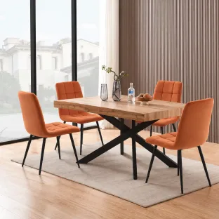 Set Masa Extensibila Pearson, 140-170-200x90x76 cm, Metal/MDF, Negru/Stejar + 4 Scaune Madison Caramiziu