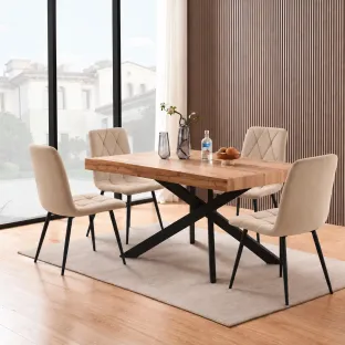 Set Masa Extensibila Pearson, 140-170-200x90x76 cm, Metal/MDF, Negru/Stejar + 4 Scaune Savier Beige