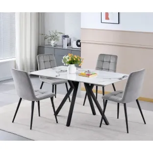 Set Masa Galaxy, 120x80x75 H cm, Blat Ceramic, Negru/Alb Marmura + 4 Scaune Madison Gri
