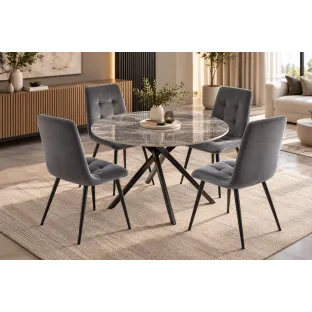 Set Masa Greg, Ø120x76 cm, Negru/Gri Piatra + 4 Scaune Popy Catifea Gri