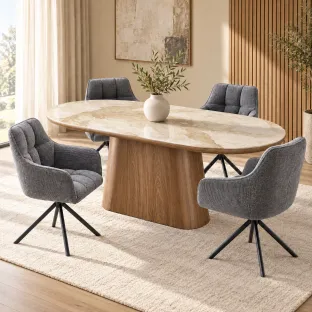 Set Masa Ovala Lunara 200x100x76 h cm, MDF/Ceramica, Stejar/Beige Pandora + 4 Scaun Eton Gri