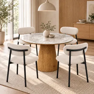 Set Masa Rotunda Korus  Ø120 × 75 cm, Blat Ceramic, Pandora + 4 Scaune Apex