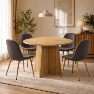 Set Masa Rotunda RONDE,  Ø110 cm, MDF, Stejar + 4 Scaune Marie Gri Inchis