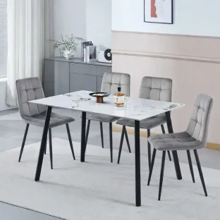 Set Masa Thor Blat Ceramic, Negru/Alb Marmura 140x80x75 + 4 Scaune Madison Gri