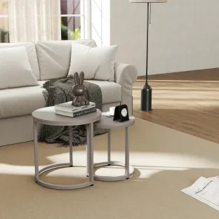 Set Masute de Cafea Nestin, Ø45x48 cm + Ø32x42 cm, Metal/MDF, Taupe