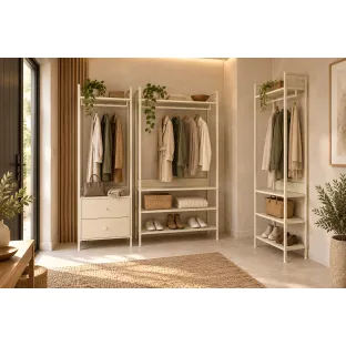 Set Mobilier de Hol Industro Line Cu Polite, Sertare si Suport Pentru Umerase, 3 corpuri, crem