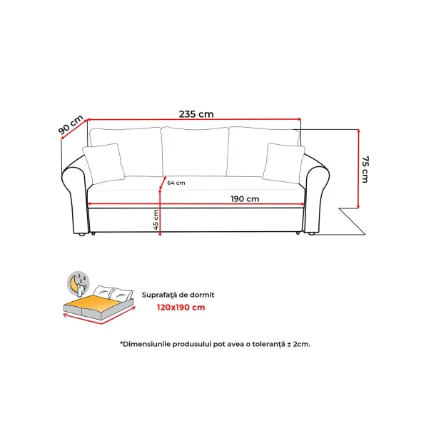 Canapea Extensibila Sara,235x90x75 h cm, Stofa Abriamo 03 Bej picture - 6