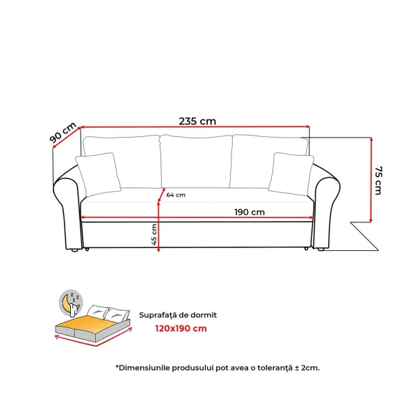 Canapea Extensibila Sara,235x90x75 h cm, Stofa Abriamo 02 Bej Inchis picture - 7