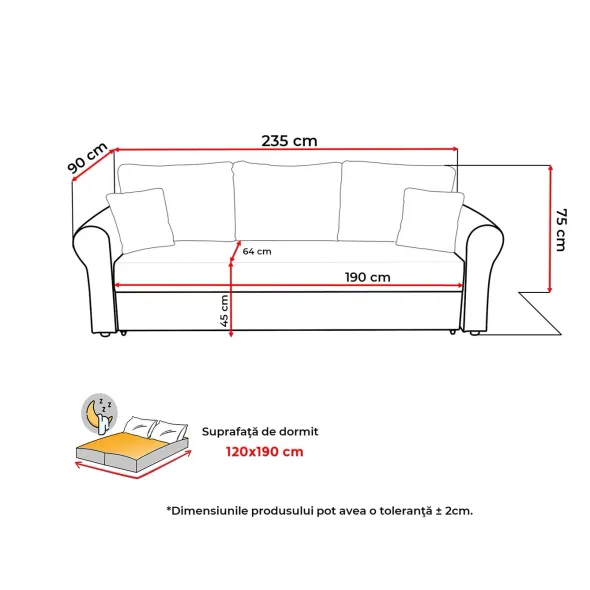Canapea Extensibila Sara,235x90x75 h cm, Stofa Abriamo 07 Gri Deschis picture - 6