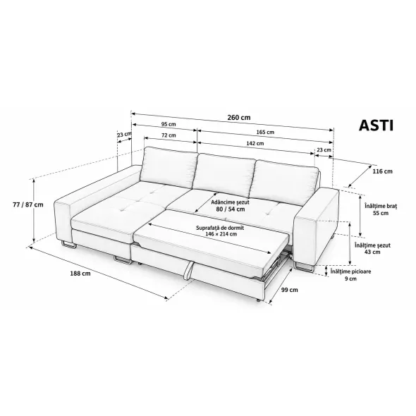 Coltar Extensibil Asti, 260x188x77-87 h cm, Stofa Beige picture - 3