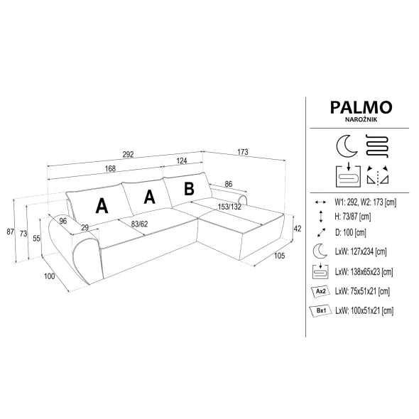 Coltar Extensibil Palmo, Universal, 292x173x87 h cm, Stofa Gri picture - 5