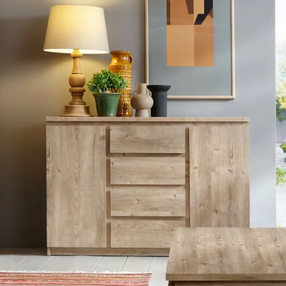 Comoda Fribo FRIK03, 2 Usi + 4 Sertare, 135.4x40x92.9 h cm, Pal Melaminat, Stejar Ribbeck Auriu picture - 1