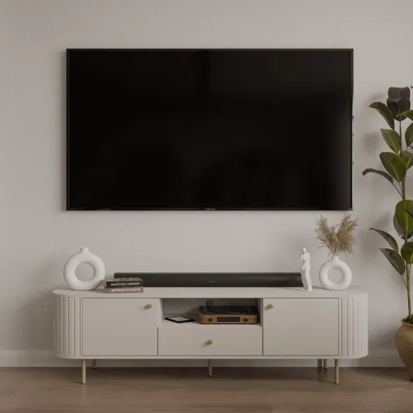 Comoda TV Ovalio 2 Usi + Sertar, TYP 321,  180x42.3x50 h cm, Pal Melaminat/MDF, Beige Nisip picture - 1