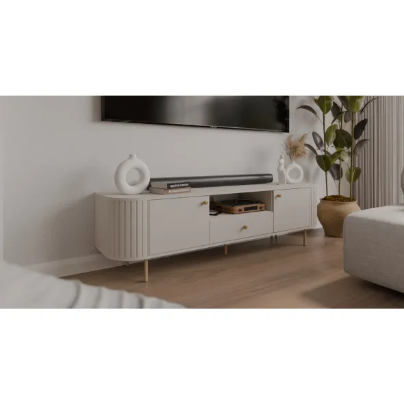 Comoda TV Ovalio 2 Usi + Sertar, TYP 321,  180x42.3x50 h cm, Pal Melaminat/MDF, Beige Nisip picture - 2