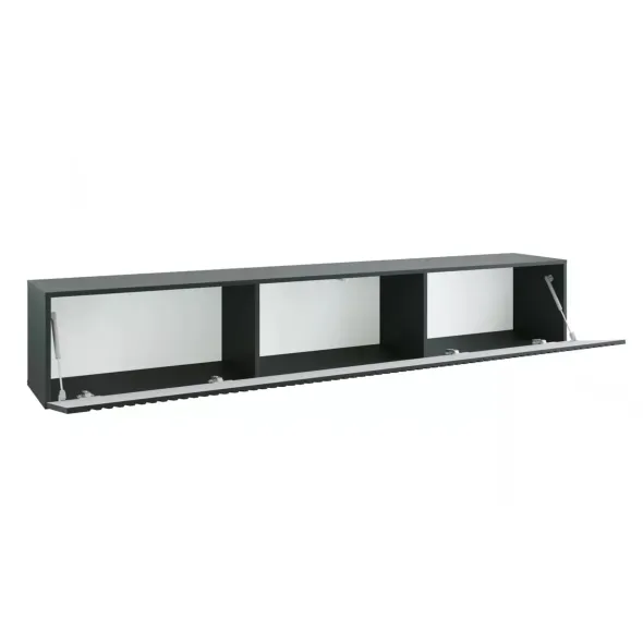 Comoda TV Suspendata Joy, 200x38x35 cm, Pal Melaminat, Front MDF cu Riflaj, Negru Lucios picture - 2