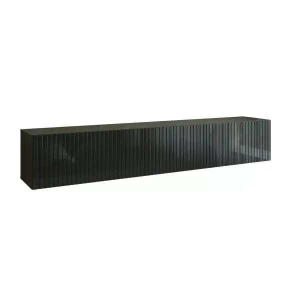 Comoda TV Suspendata Joy, 200x38x35 cm, Pal Melaminat, Front MDF cu Riflaj, Negru Lucios picture - 1
