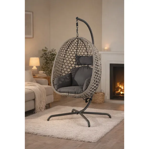 Leagan de Gradina/Terasa Nivra, 134x134x200 cm, Metal/Ratan Sintetic/Stofa, Gri/Gri Deschis picture - 3