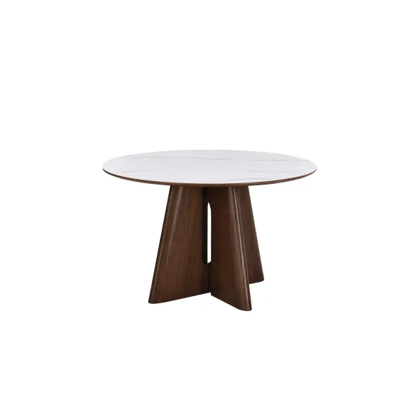 Masa Rotunda Lima, Ø120 cm, Blat Ceramic, Picior MDF cu Furnir, Alb/Nuc picture - 4