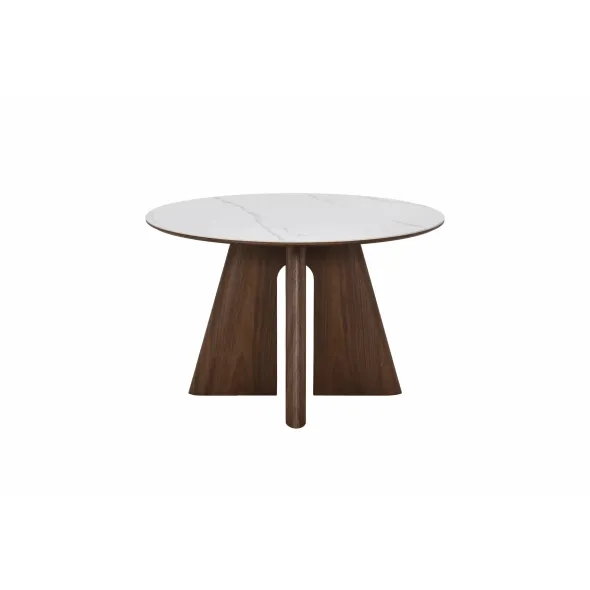 Masa Rotunda Lima, Ø120 cm, Blat Ceramic, Picior MDF cu Furnir, Alb/Nuc picture - 8