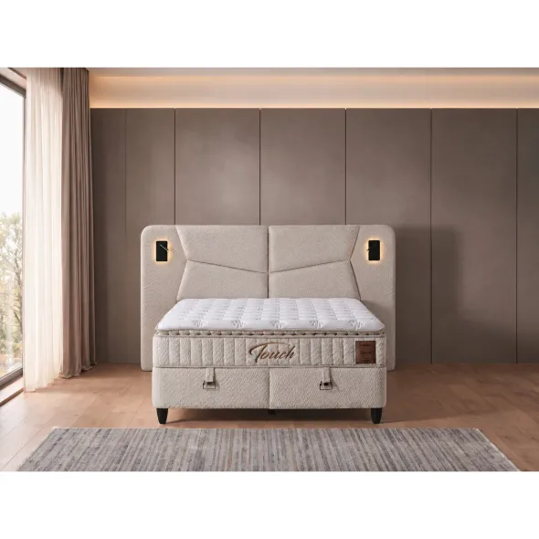 Pat Tapitat Touch Plus cu Somieră Rabatabilă și Iluminare LED + Saltea Tocuh, 180×200 cm, Beige picture - 7