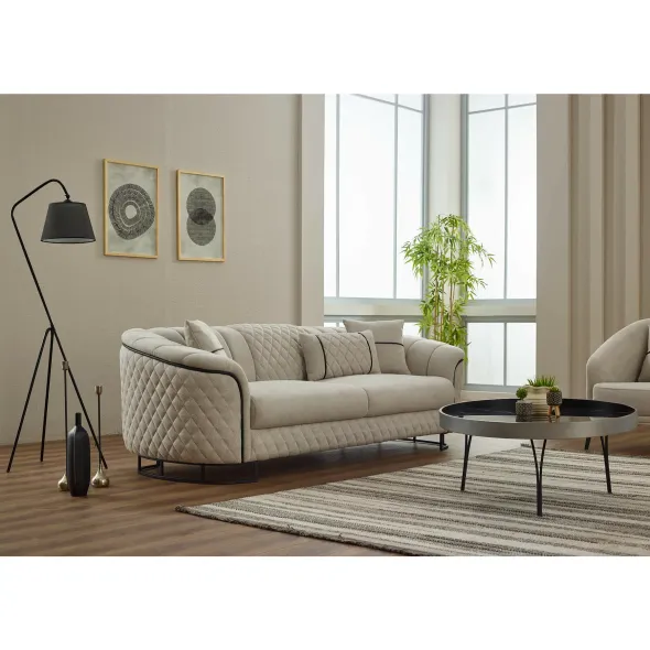Set Canapea Victoria cu 2 Fotolii, 248x98x80 h cm, Stofa Beige picture - 2
