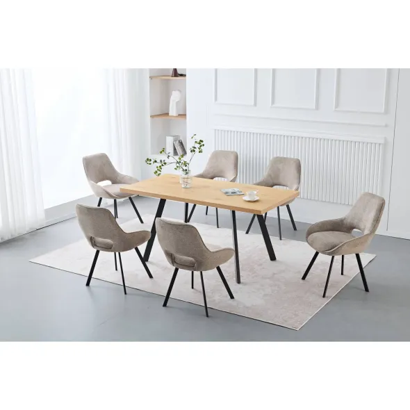 Set Masa Extensibila Koko, 120-160x80x75 cm, Stejar + 6 Scaune Kashar Gri picture - 1