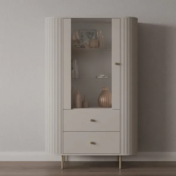 Vitrina Semi-Inalta Ovalio 2 Serate + Usa, TYP 112,  97.4x42.3x155 h cm, Pal Melaminat/MDF, Beige Nisip picture - 1
