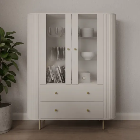 Vitrina Semi-Inalta Ovalio 2 Usi si 2 Sertare, TYP 122,  123x42.3x155 h cm, Pal Melaminat/MDF, Beige Nisip picture - 1