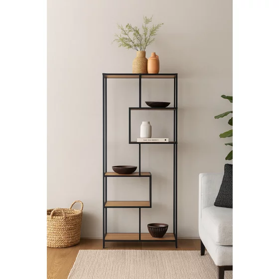 Raft Pentru Carti si Decoratiuni Arcana 400175, 77x35x185 h cm, Metal/Pal Melaminat, Negru/Stejar picture - 2