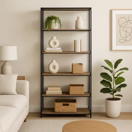 Raft Pentru Carti si Decoratiuni Arcana 400275, 77x35x185 h cm, Metal/Pal Melaminat, Negru/Stejar
