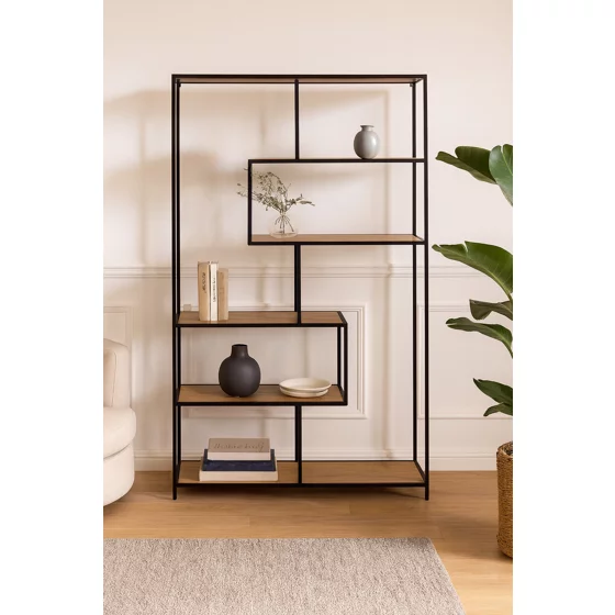 Raft Pentru Carti si Decoratiuni Arcana 400475, 114x35x185 h cm, Metal/Pal Melaminat, Negru/Stejar picture - 2