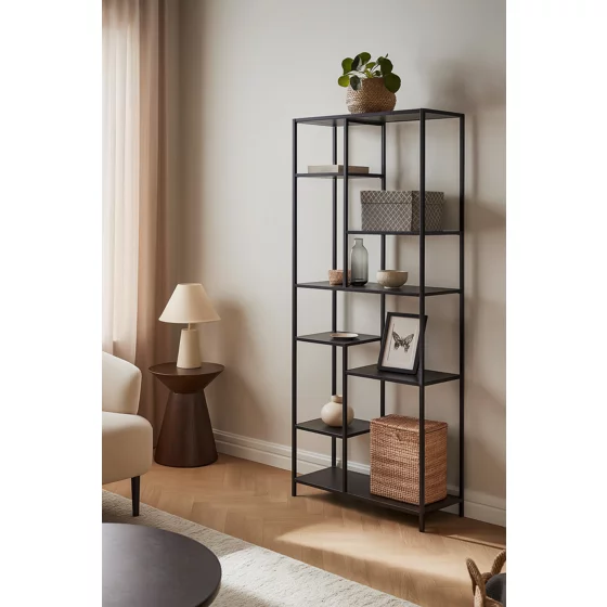 Raft Pentru Carti si Decoratiuni Arcana 401080, 80x30x165 h cm, Metal/Pal Melaminat, Negru picture - 2