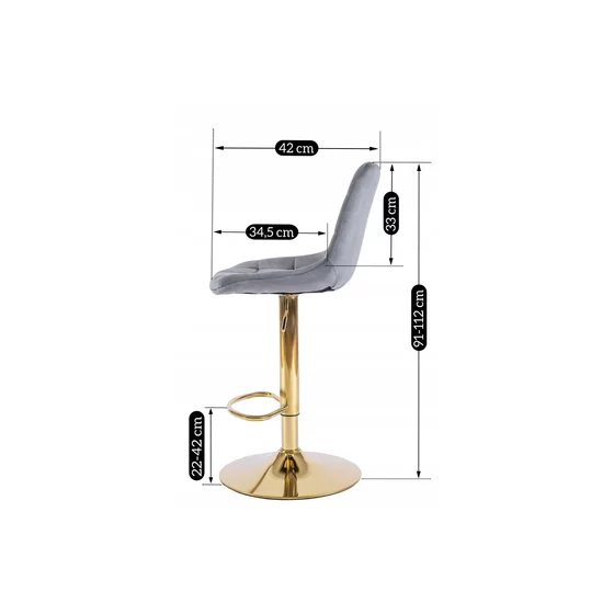 Scaun de Bar Akita, 45x42x91/112 cm, Metal/Catifea, Gri/Auriu picture - 7