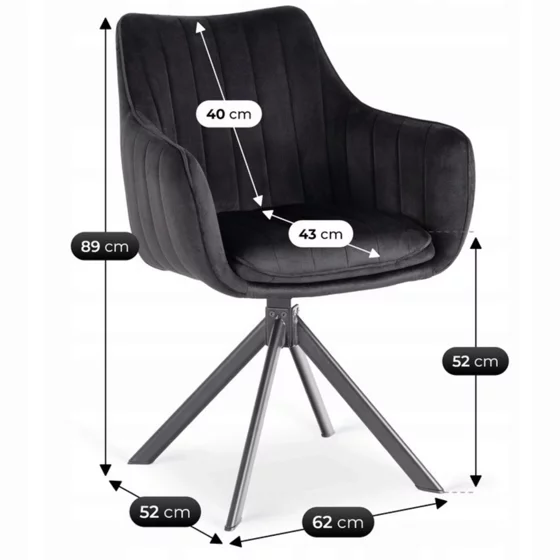 Scaun Makati, 62x52x89 cm, Functie Rotire, Structura Metalica, Catifea Neagra picture - 10