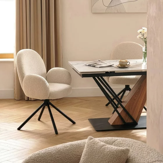 Scaun Rotativ Moscon, 68x57x90 h cm, Structura Metalica, Sezut si Spatar Tapitate cu Stofa Boucle Crem picture - 3