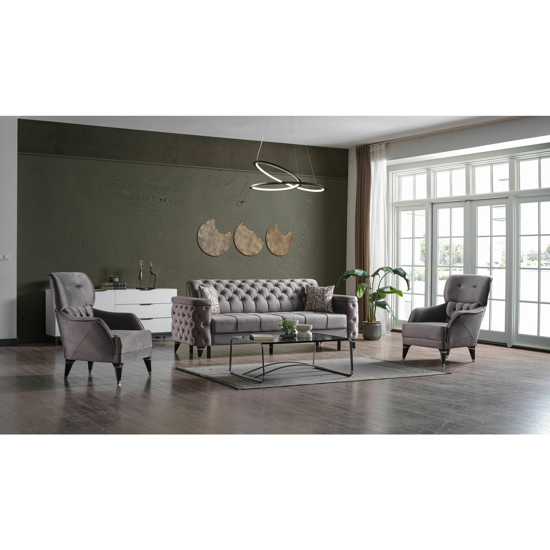 Set canapea cu spatar rabatabil, armina, 227x87x87 cm, + 2 fotolii armina, 77x81x98 cm,gri