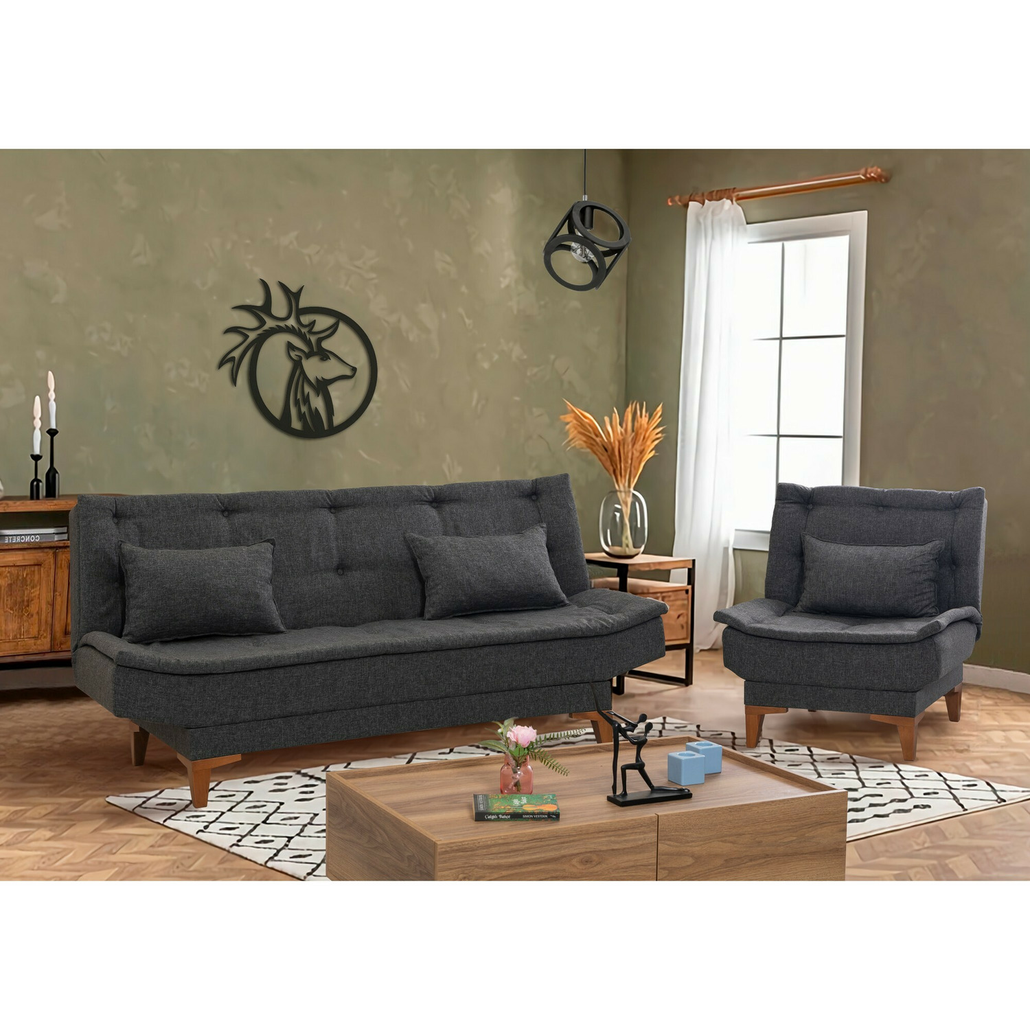 Set canapea extensibila, 186x85x86 cm + fotoliu santo - stofa gri antracit