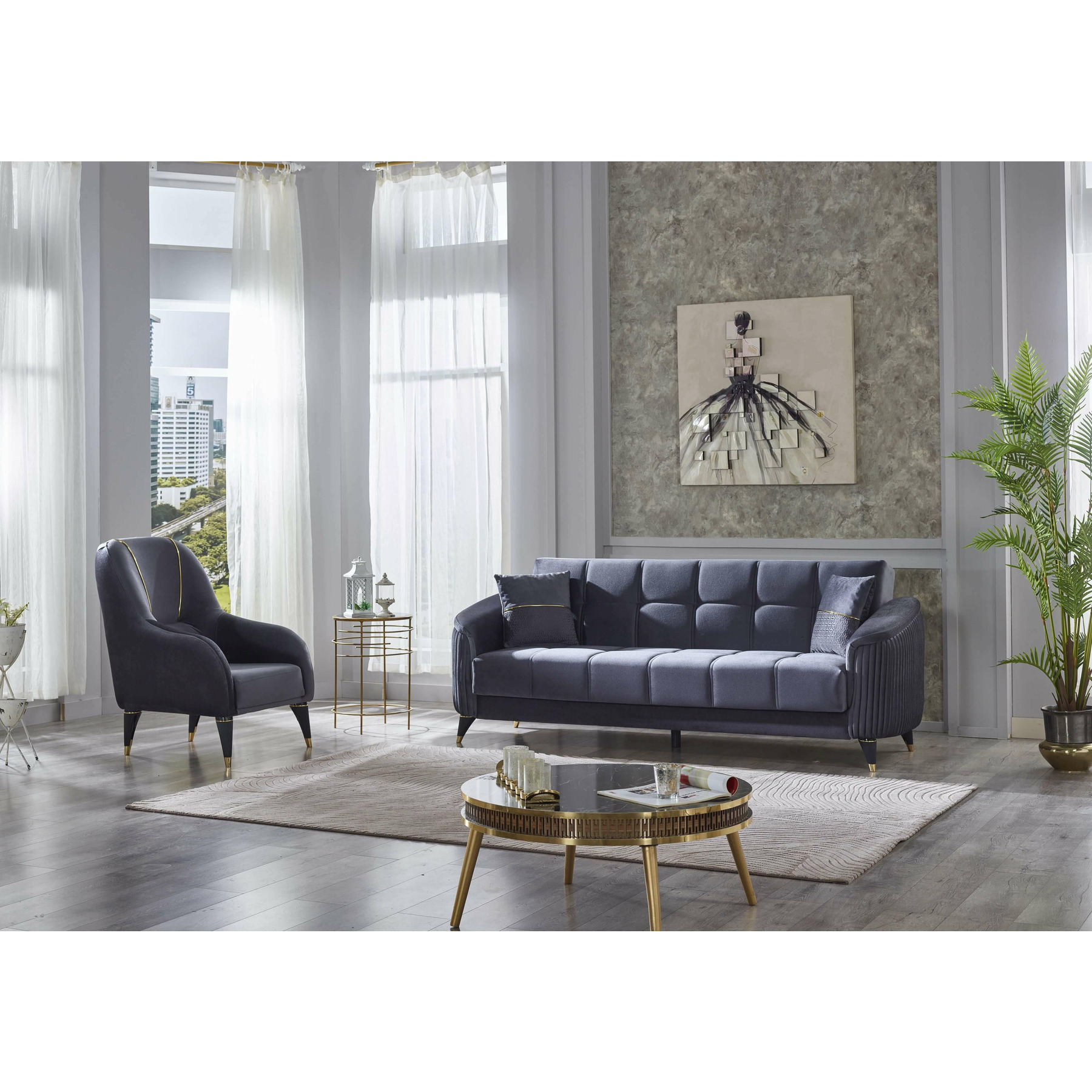 Set canapea extensibila serva + fotoliu serva, 232x82x90 cm, velvet 412 grey