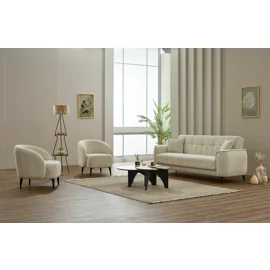 Set Canapea Extensibila Touch cu 2 Fotolii, 230x82x80 cm, Stofa, Crem