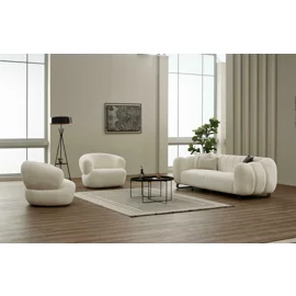 Set Canapea Puffy cu 2 Fotolii, 240x94x85 h cm, Stofa, Crem